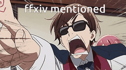 a man in a suit and tie is screaming with the words ffxiv mentioned above him