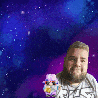a man with a beard holds a gnome in front of a zodiac sign and the word gnome