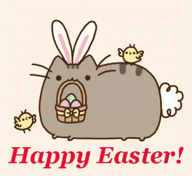 a cat with bunny ears is holding a basket of easter eggs .