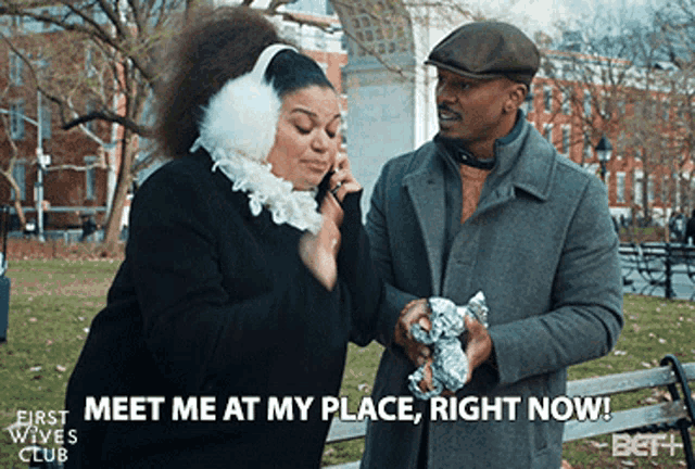 a woman talking on a cell phone next to a man holding a stuffed animal and the words meet me at my place