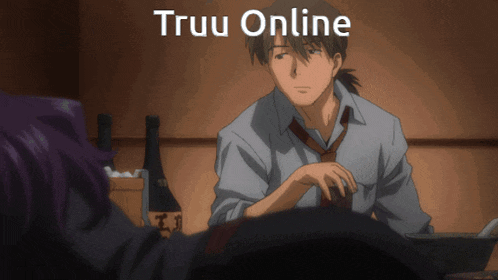 a man sitting at a table with the words truu online on the top