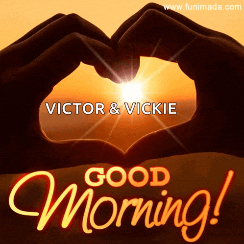 victor and vickie good morning greeting card with hands making a heart