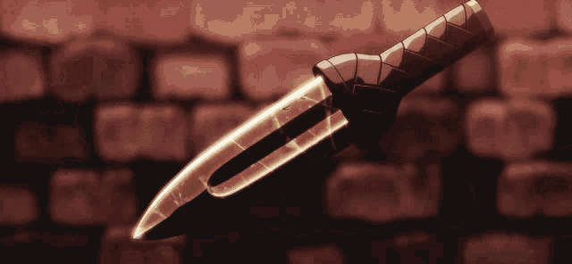 a knife with a black handle is sitting in front of a brown brick wall