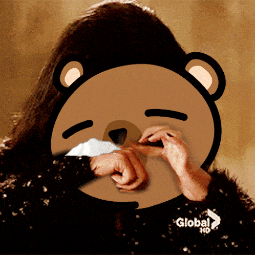 a cartoon of a woman covering her face with a teddy bear with the words global hd on the bottom