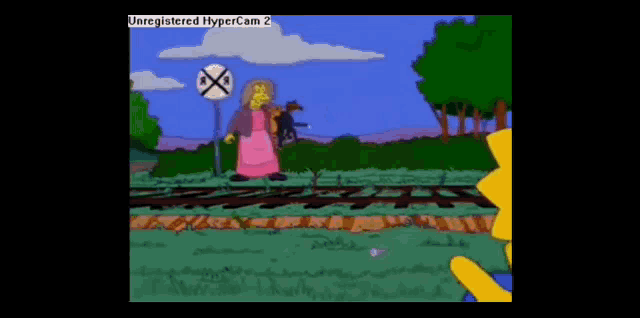a cartoon of a woman crossing a train track with the words unregistered hypercam 2 at the bottom