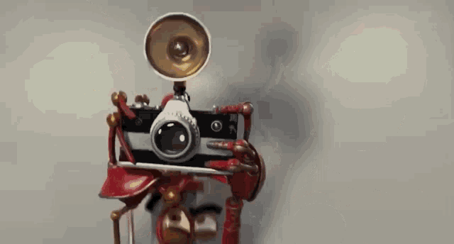 a robot is holding a camera with a flash on its head .