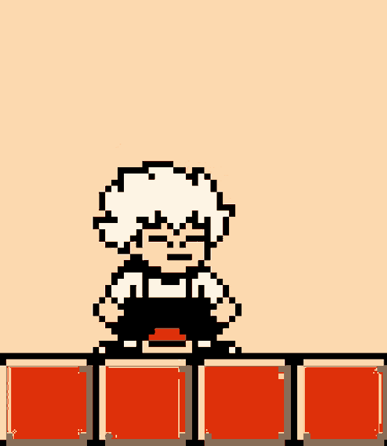 a pixel art of a person with white hair and red pants