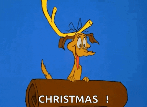 a cartoon dog with antlers is standing on top of a log .