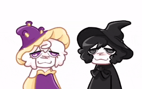 a cartoon drawing of a witch and a demon standing next to each other