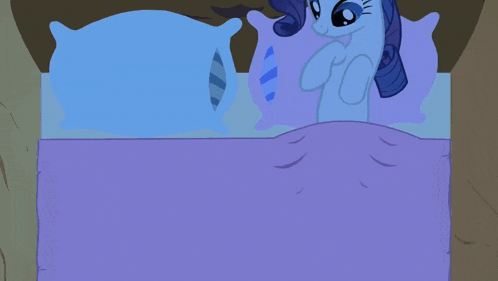 a cartoon pony is sleeping on a bed with purple sheets and pillows