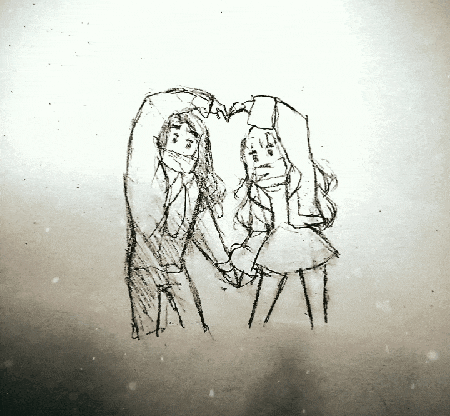a drawing of a man and woman making a heart shape with their hands