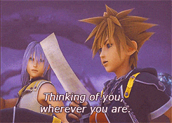 a video game character says " thinking of you wherever you are " while holding a piece of paper