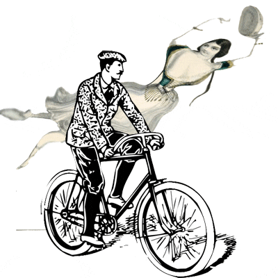 a black and white drawing of a man on a bike
