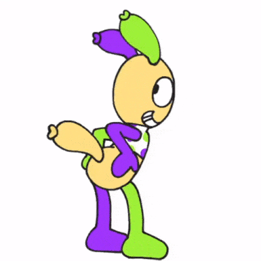 a cartoon rabbit with purple and green ears is standing on its hind legs .