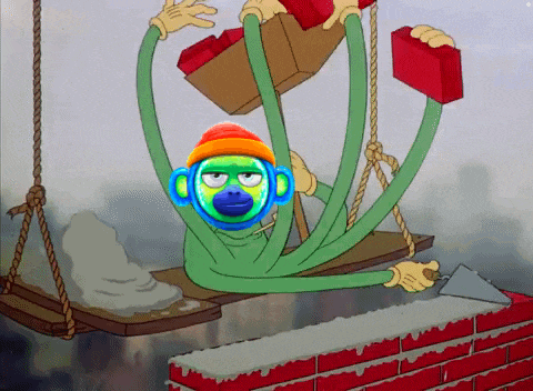 a cartoon monkey is hanging from a rope while holding a brick