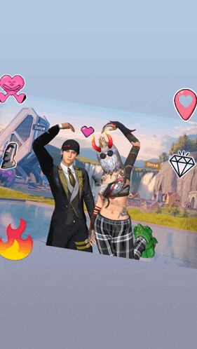 a man and a woman are making a heart shape with their hands in front of a building that says daily