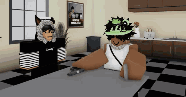 two roblox characters are sitting at a table in a kitchen with a poster on the wall that says " beat up simulator "