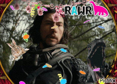 a picture of a man and a dinosaur with the word rawr on the top
