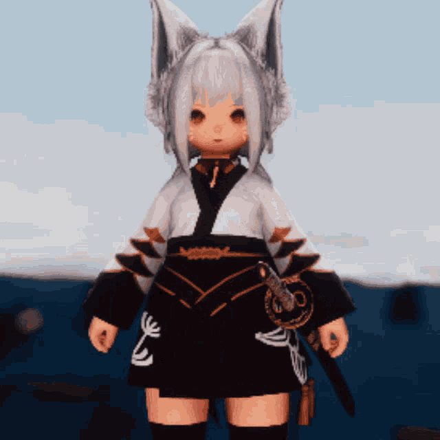 a girl with a fox ear is holding a sword in a video game