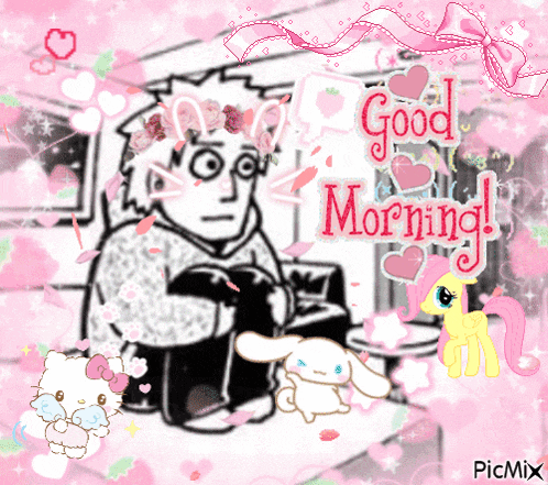 a black and white drawing of a man with a flower crown and a hello kitty says good morning
