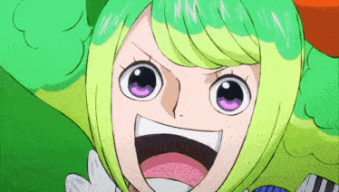 a girl with green hair and purple eyes is smiling and holding a piano