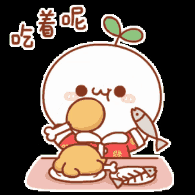 a cartoon character is eating a chicken and a fish