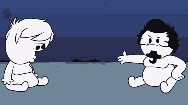 two cartoon characters are sitting next to each other and one is pointing at the other