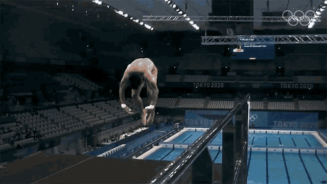 a person is jumping into a pool with tokyo 2020 written on the wall behind them