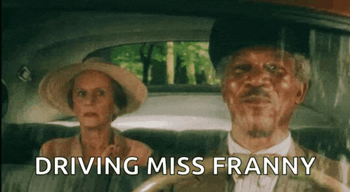 a man and a woman in a car with the words driving miss franny