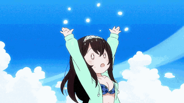a girl in a bikini is standing with her arms outstretched