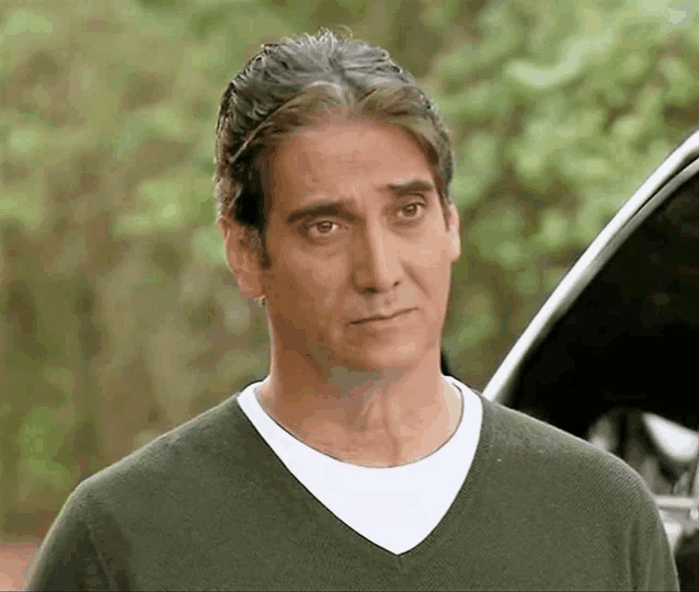 a man wearing a green sweater and a white t-shirt stands in front of a car