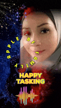 a picture of a woman with the words happy tasking