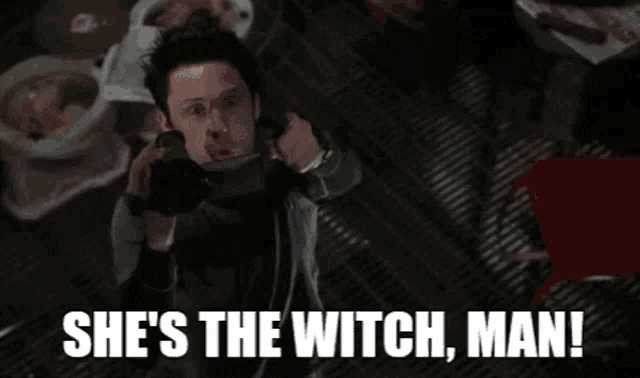 a man says she 's the witch man while pointing at the camera