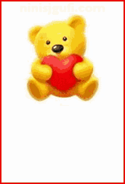 a yellow teddy bear is holding a red heart in its paws ..