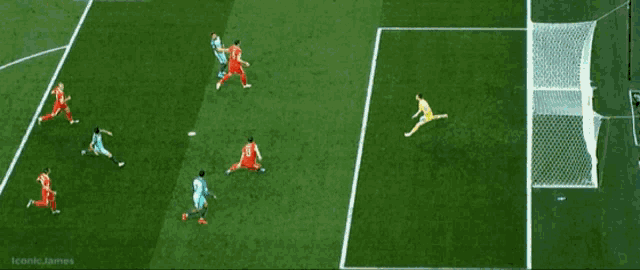 an aerial view of a soccer game with the words iconic james below it