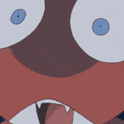 a close up of a cartoon character 's face with big white eyes