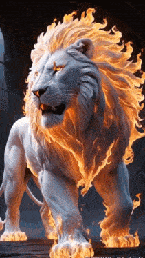 a white lion with a flaming mane is standing on a wooden platform