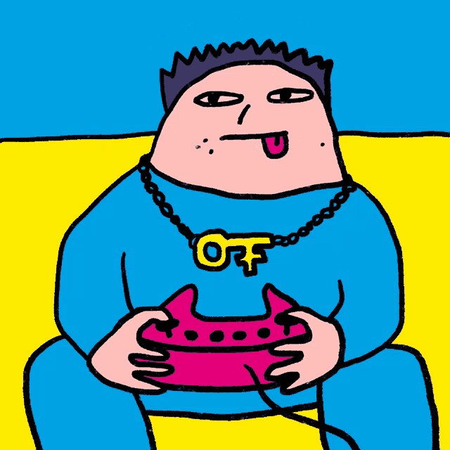 a cartoon of a man wearing a necklace with the letter off on it