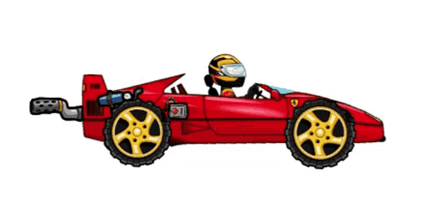 a cartoon of a man driving a red race car with the number f40 on the back
