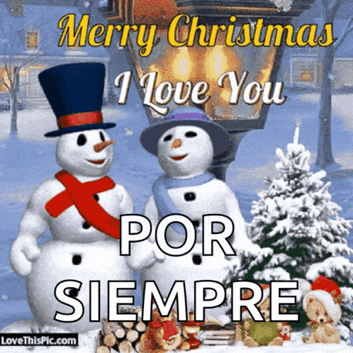 a merry christmas i love you por siempre greeting card with two snowmen