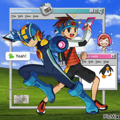 a computer screen with two cartoon characters and the words yeah