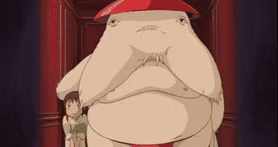 a cartoon character with a big belly is standing next to a little girl in a room .