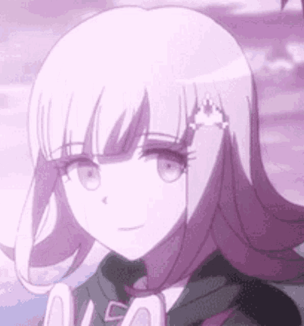 a close up of a girl with purple hair and a flower in her hair .
