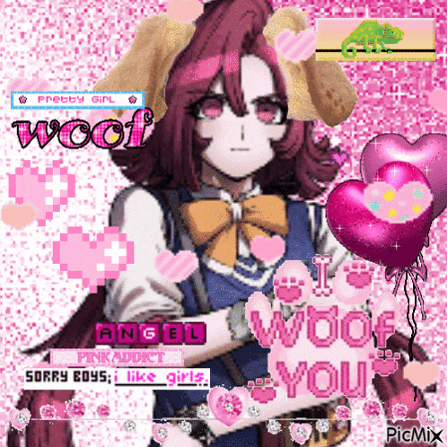 a pixel art of a girl holding balloons and a sign that says woof angel pink addict sorry boys like girls