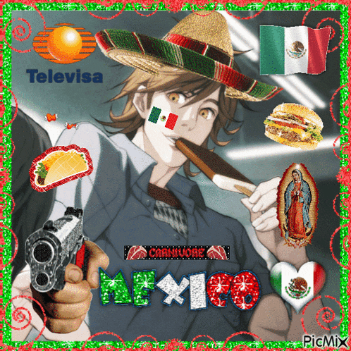 a man in a sombrero holding a gun with the word mexico in the corner