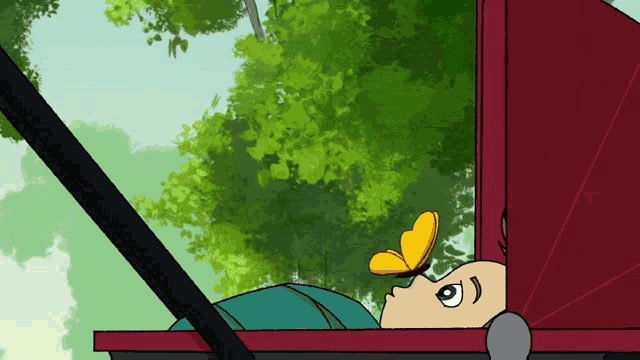 a cartoon of a baby in a stroller with a yellow butterfly on its face