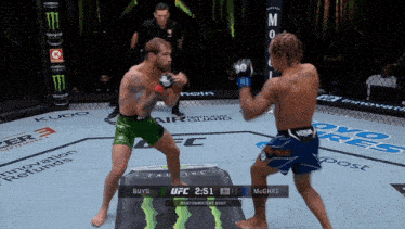 two fighters are fighting in a ufc ring and the scoreboard says buys 1:51