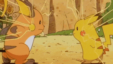 a cartoon of a pikachu and raichu fighting each other with lightning coming out of their mouths .