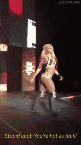 a female wrestler on a stage with the words stupid idiot you 're hot as fuck