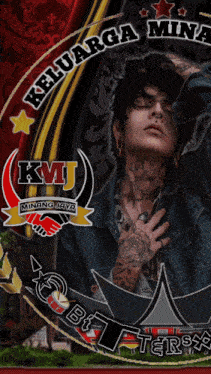 a poster with a tattooed man and the words kmj minang jaya on it